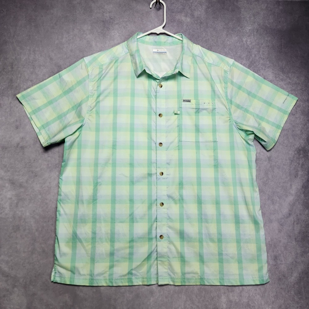Columbia PFG Mens XL Green Plaid Short Sleeve Fishing Shirt XM0693 Ventilated
